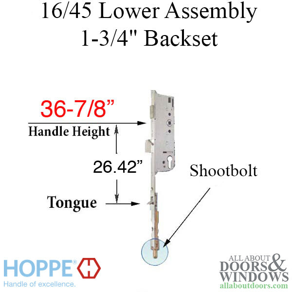 Hoppe HLS9000 Bottom Gear with Tongue and Shootbolt – 45mm Backset, 16mm Faceplate, 36-7/8" Handle Height