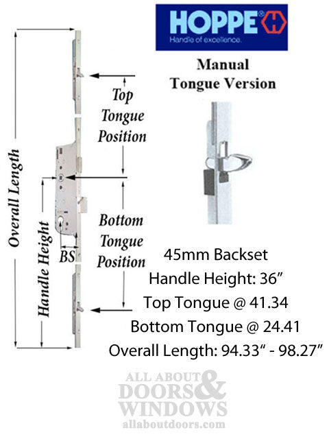 Hoppe HLS-ONE 5-Point Manual Tongue/Shootbolt System for 8' Doors – 45mm Backset
