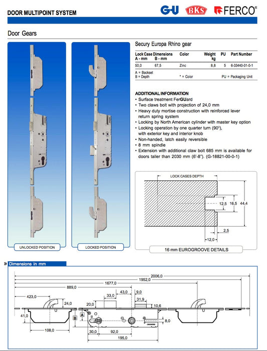 GU Secury Europa Rhino Multipoint Lock – 50mm Backset, 92mm PZ, Key Below