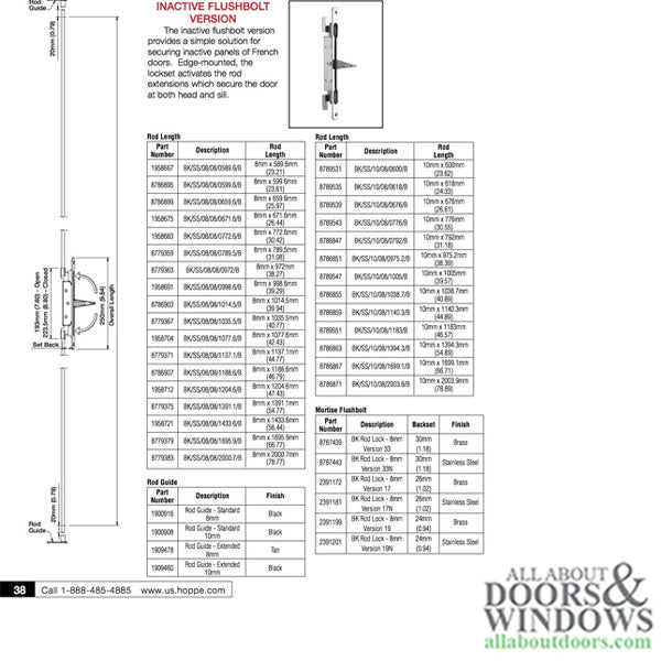 Hoppe Inactive Flushbolt Rod for Double French Doors – Polished Brass