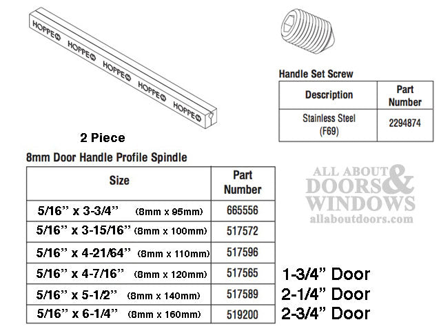 Hoppe Split Shaft Spindle for HL S9000 – 8mm x 160mm, 2-3/4" to 3" Doors