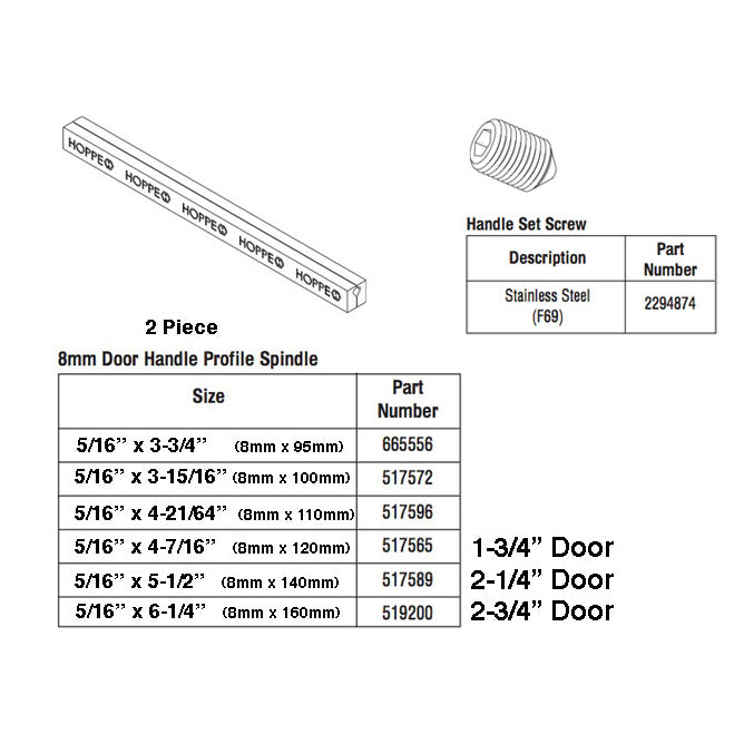 Hoppe Split Shaft Spindle – 8mm x 140mm for 2-1/4" Doors