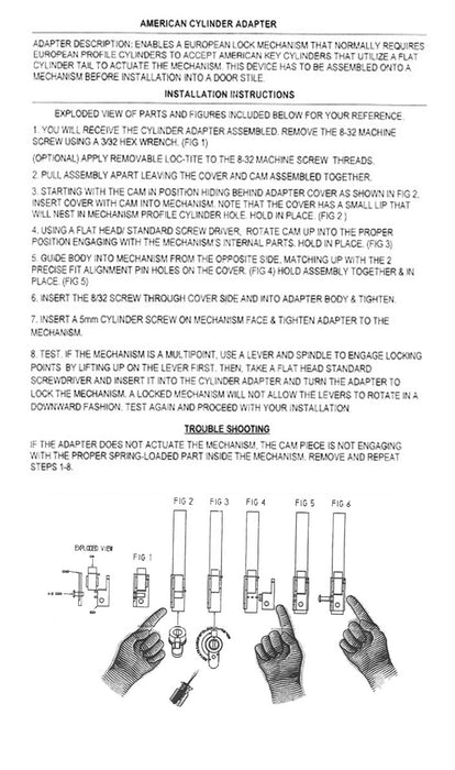Euro to American Cylinder Adapter Insert for Multipoint Locks