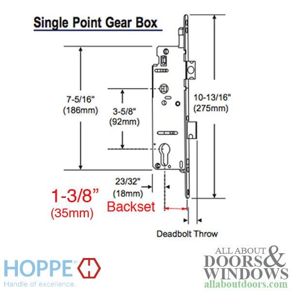Hoppe Single Point Mortise Lock – 35mm Backset, 1" Deadbolt Throw