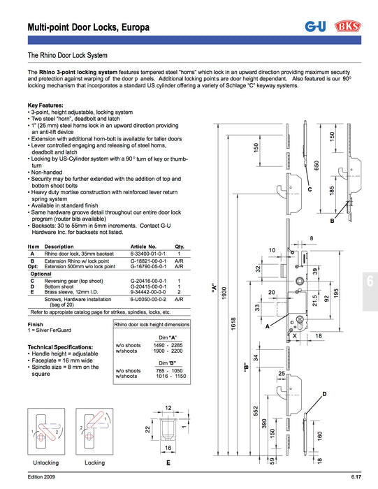 G-U Rhino Hook Bolt Multipoint Lock – 50mm Backset, 92mm PZ, Silver Ferguard