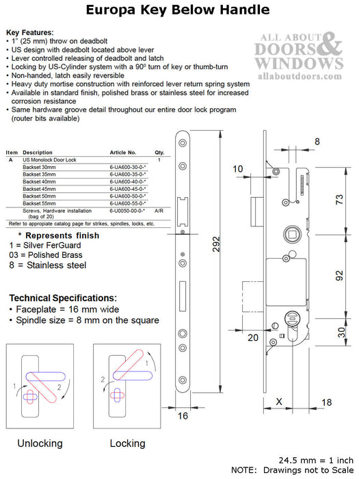 GU Monolock Single Point Mortise Lock – 45mm Backset, 92mm PZ, Silver