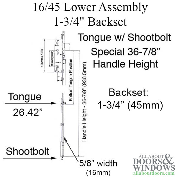 Hoppe HLS9000 Bottom Gear with Tongue and Shootbolt – 45mm Backset, 16mm Faceplate, 36-7/8" Handle Height
