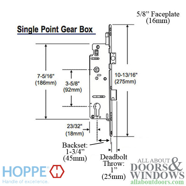 Hoppe Single Point Mortise Lock – 45mm Backset, 92mm PZ, 1" Deadbolt