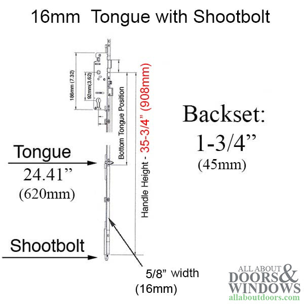 Hoppe Multipoint Lower Extension with Tongue and Shootbolt – 45mm Backset, 16mm Faceplate, 35-3/4" Handle Height