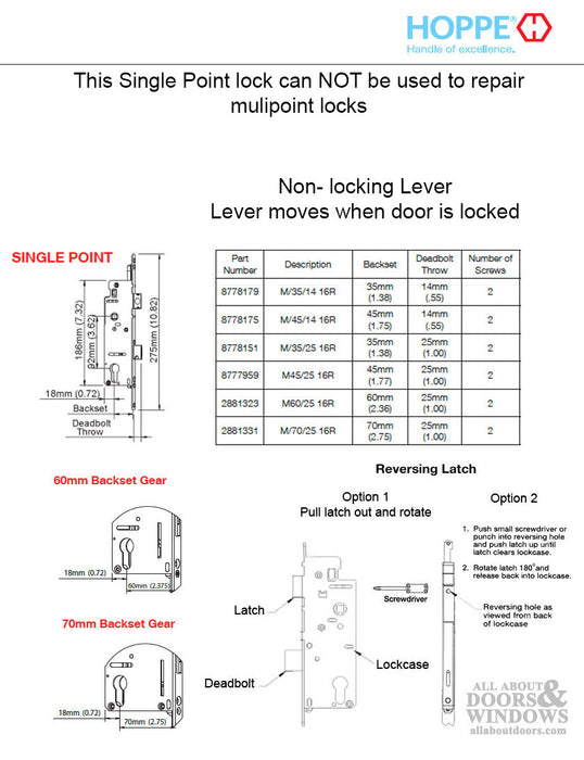 Hoppe Single Point Mortise Lock – 35mm Backset, 1" Deadbolt Throw