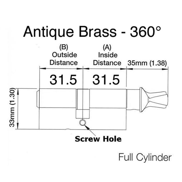 Atrium German Profile Cylinder with Crescent Knob – 31.5/31.5mm, Antique Brass
