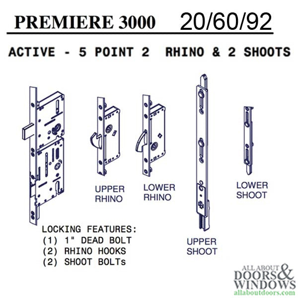Amesbury P3000 Active 5-Point Multipoint Lock with Rhino Hooks – 60mm Backset, 92mm PZ, 82" to 95-1/2" Doors