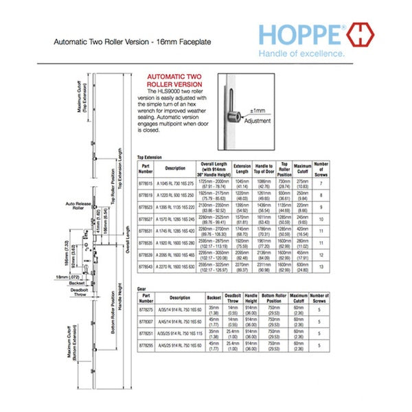 Hoppe Automatic Gear Bottom Assembly – 35mm Backset, 92mm PZ, 37" Handle Height
