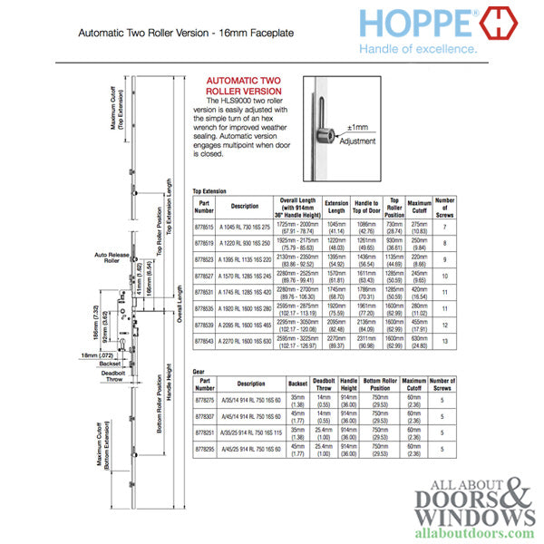 Hoppe Automatic Gear Bottom Assembly – 35mm Backset, 92mm PZ, 37" Handle Height