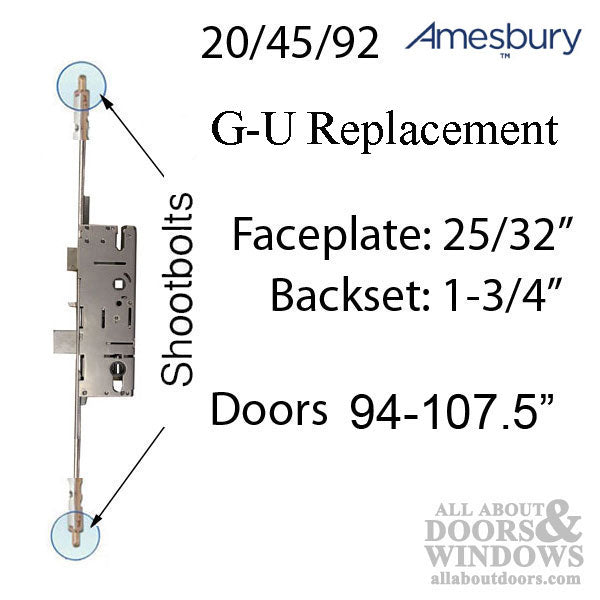 G-U 20/50/92 Shootbolt Replacement Kit for 94"-107.5" Doors – 45mm Backset, 92mm PZ