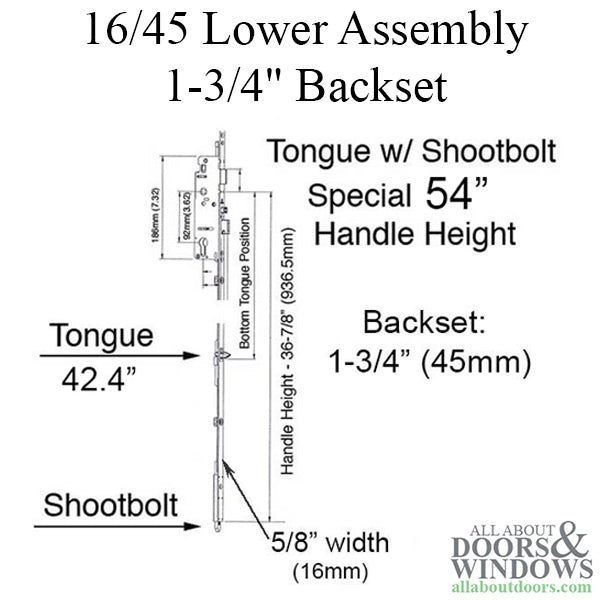 Hoppe Multipoint Lower Extension with Tongue and Shootbolt – 45mm Backset, 92mm PZ, 54" Handle Height, 42.4" Tongue
