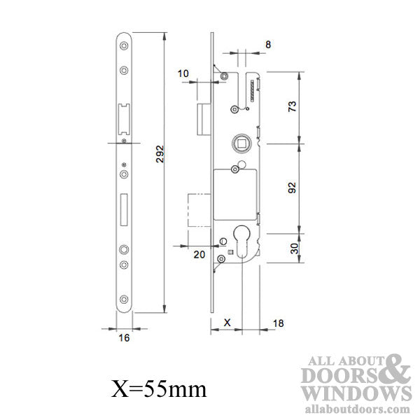 G-U Single Point Mortise Lock – 55mm Backset, 92mm PZ, Key Below