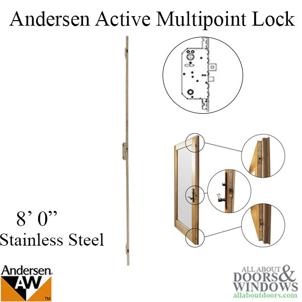 Andersen Active Multipoint Lock for 8' French-wood Hinged Doors – 51mm Backset, 106mm PZ, Stainless Steel