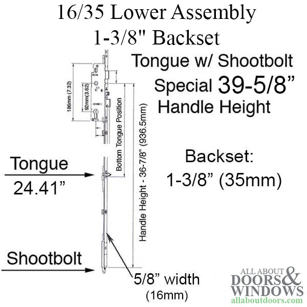 Hoppe Multipoint Lower Extension with Tongue and Shootbolt – 35mm Backset, 39.62" Handle Height, 24.41" Tongue