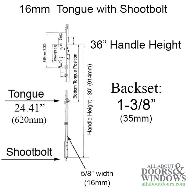 Hoppe Multipoint Lower Extension with Tongue and Shootbolt – 35mm Backset, 92mm PZ, 36" Handle Height, 24.41" Tongue