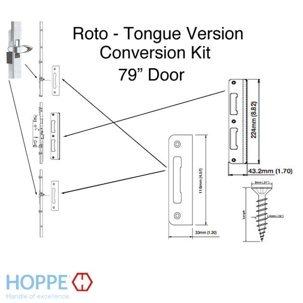 Hoppe Multipoint Lock Replacement Kit for 79-3/16" Doors – 45mm Backset, 92mm PZ, Stainless Steel