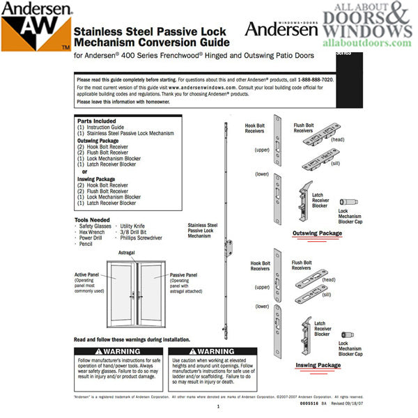 Andersen Passive 2-Point Lock for 6' 8" Frenchwood Hinged Doors – Stainless Steel