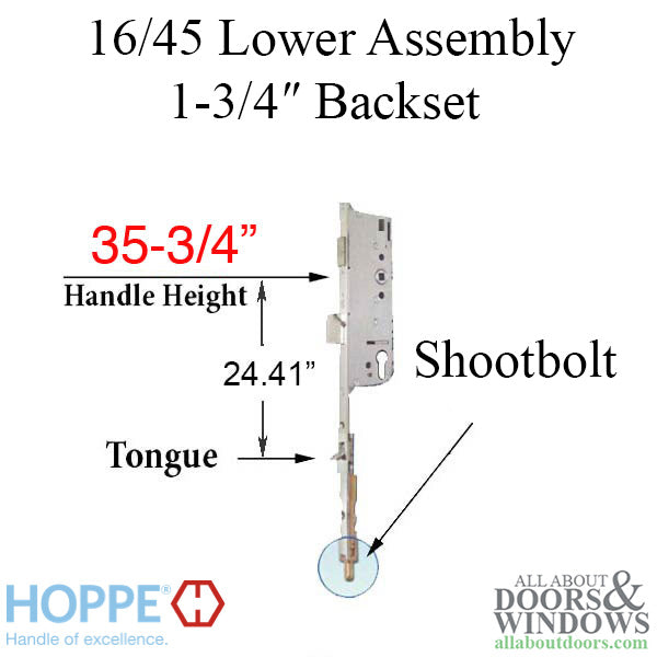 Hoppe Multipoint Lower Extension with Tongue and Shootbolt – 45mm Backset, 16mm Faceplate, 35-3/4" Handle Height