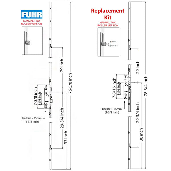 Hoppe 2 Roller Multipoint Lock Replacement Kit – 35mm Backset, 36" Handle Height
