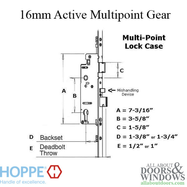 Hoppe 16mm Manual Tongue Gear – 35mm Backset, 92mm PZ, 29.65" Tongue