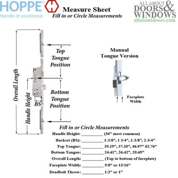 Hoppe 16mm Manual Tongue Gear – 35mm Backset, 92mm PZ, 29.65" Tongue