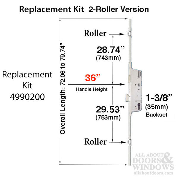 Hoppe 2 Roller Multipoint Lock Replacement Kit – 35mm Backset, 36" Handle Height