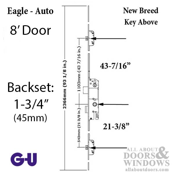 GU Eagle New Breed Multipoint Lock Kit for 8' Doors – 45mm Backset, 92mm PZ, Stainless Steel