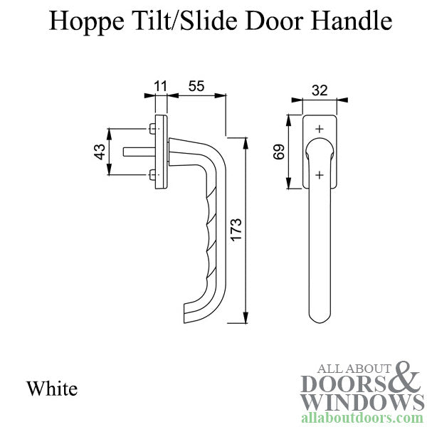 Tilt/Slide Door Handle – White, 12mm Lugs, 90° Cylinder