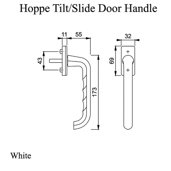 Tilt/Slide Door Handle – White, 12mm Lugs, 90° Cylinder