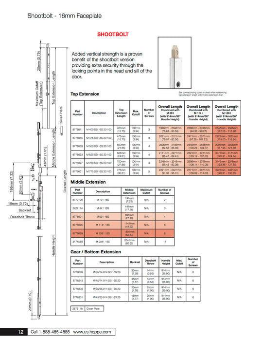 Hoppe HLS9000 Bottom Gear – 35mm Backset, 36" Handle Height