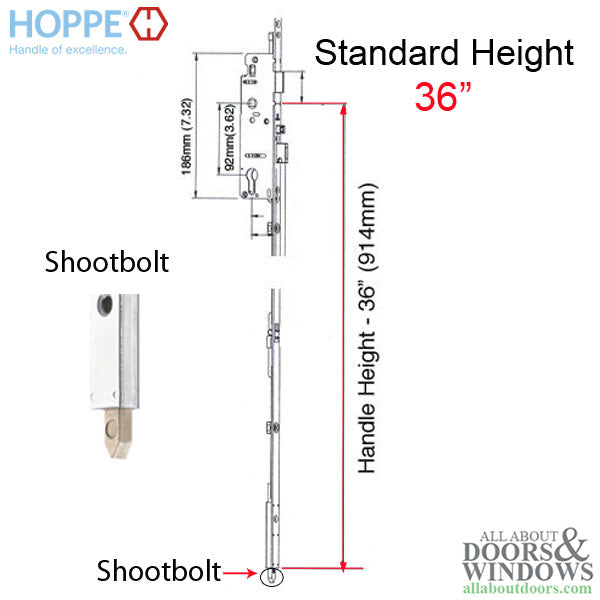Hoppe Shootbolt Manual Faceplate – 35mm Backset, 20mm Faceplate, 36" Handle Height