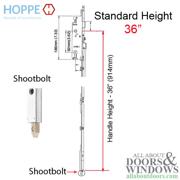 Hoppe Multipoint Bottom Gear – 35mm Backset, 16mm Faceplate, 36" Handle Height