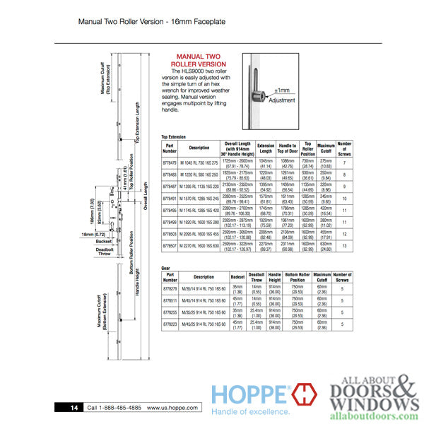 Hoppe HLS9000 Bottom Gear – Manual Two Roller, 45mm Backset, 36" Handle Height