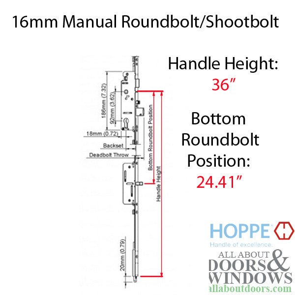 Hoppe Manual Roundbolt/Shootbolt Bottom Gear – 35mm Backset, 16mm Faceplate