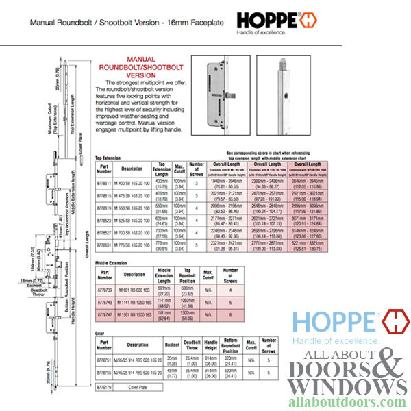 Hoppe Manual Roundbolt/Shootbolt Bottom Gear – 35mm Backset, 16mm Faceplate