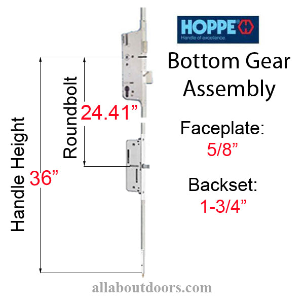 Hoppe Multipoint Lock Bottom Assembly – 45mm Backset, 36" Handle Height, 16mm Faceplate