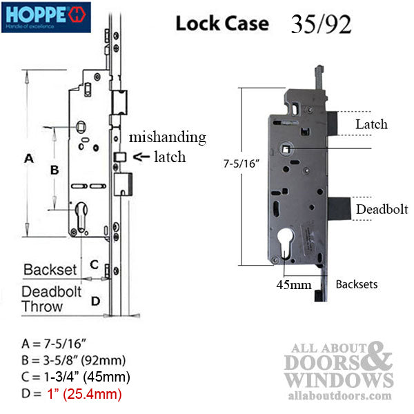 Hoppe Multipoint Lock Bottom Assembly – 45mm Backset, 36" Handle Height, 16mm Faceplate