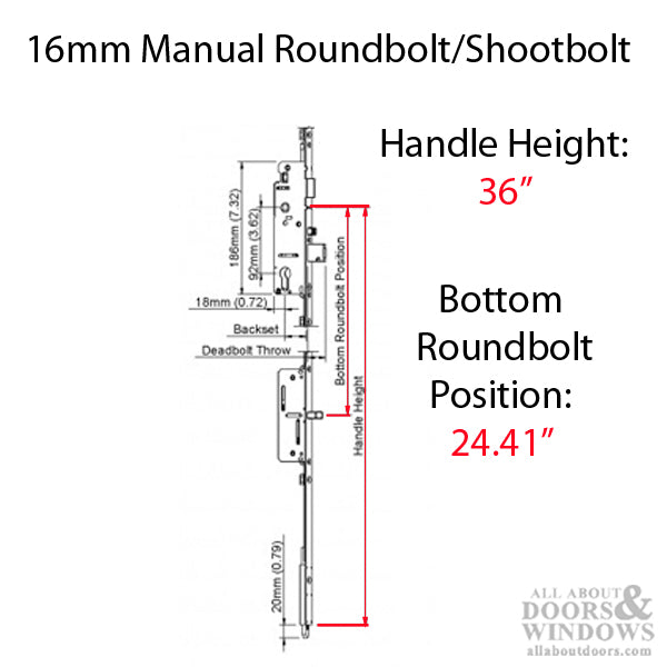 Hoppe Multipoint Lock Bottom Assembly – 45mm Backset, 36" Handle Height, 16mm Faceplate