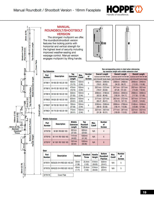 Hoppe Multipoint Lock Bottom Assembly – 45mm Backset, 36" Handle Height, 16mm Faceplate