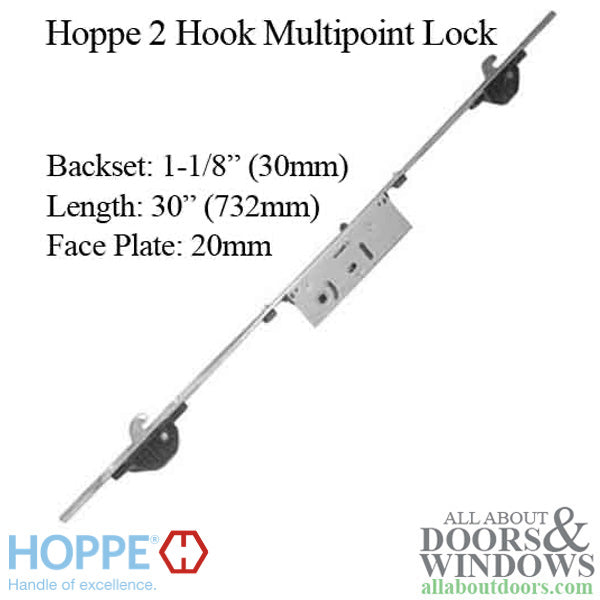 Hoppe 2-Hook Sliding Door Multipoint Lock – 30mm Backset, 20mm Faceplate