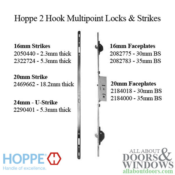 Hoppe 2-Hook Sliding Door Multipoint Lock – 30mm Backset, 20mm Faceplate