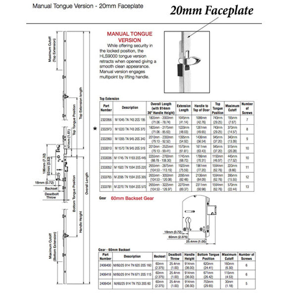 Hoppe Multipoint Lower Extension with Tongue – 60mm Backset, 92mm PZ, 36" Handle Height, 24.41" Tongue
