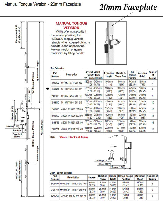 Hoppe Manual Bottom Gear – 60mm Backset, 92mm PZ, 36" Handle Height