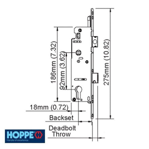 Hoppe Single Point Mortise Lock – 45mm Backset, 92mm PZ, 16mm Faceplate