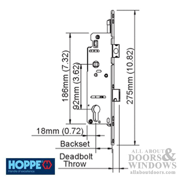 Hoppe Single Point Mortise Lock – 45mm Backset, 92mm PZ, 16mm Faceplate